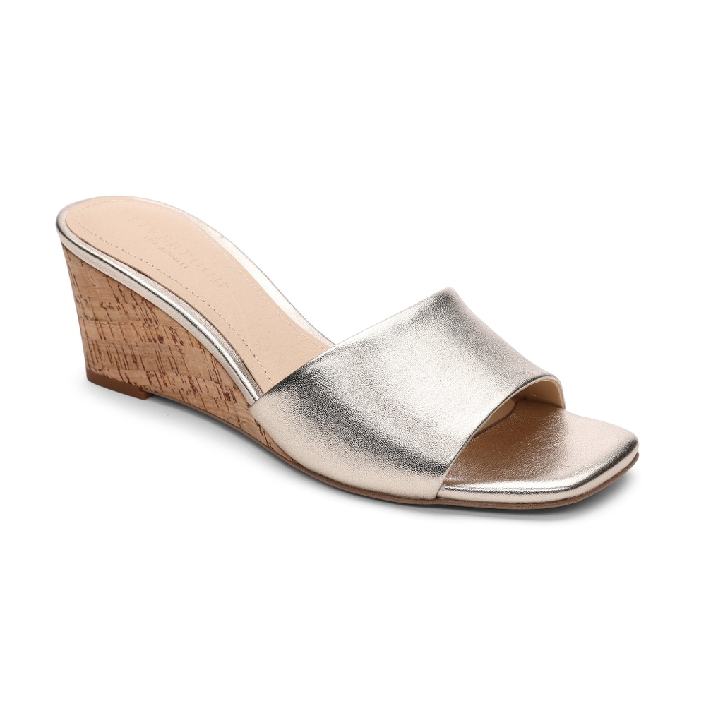 Liverpool Los Angeles Gold Flowers Cork Wedge Mule NWOT Size 7